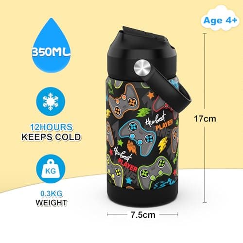 Ntswasd Boys Insulated Water Bottle with Straw,350 Ml Kids Cups with Stainless Steel Leak Proof for School Daycare(Game) — view 2