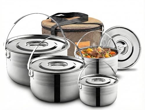Wealers Camping Cookware Set - Compact Stainless Steel Campfire Cooking Pots and Pans | Combo Kit with Travel Tote Bag | Rugged Outdoor 4 Pc Cook Set for Hiking | Barbecues | Beach | Hiking Gear