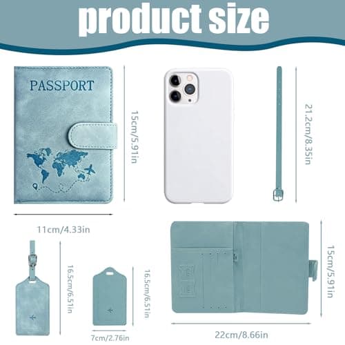 Passport Holder Cover and Suitcase Tag Set Blue PU Leather RFID Blocking — view 2