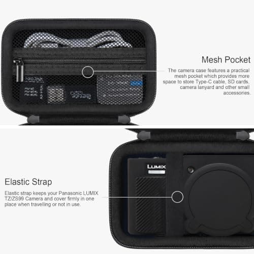 RAIALL Camera Case for Panasonic LUMIX DC-TZ99E Point and Shoot Camera, 1*Hard Carrying Case Protective Travel Bag+ 1*Soft Silicone Protective Cover with Removable Lens Cover, Black+Black — view 5