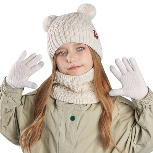 Lancry Winter Hat Scarf And Gloves Set Kids, Warm Thermal Girls Boys Hat Scarf Gloves Set Knitted Beanie Cap Snood Neck Warmer Touchscreen Mitten with Soft Fleece Lining For Kids Age 4-10 (Off-white)