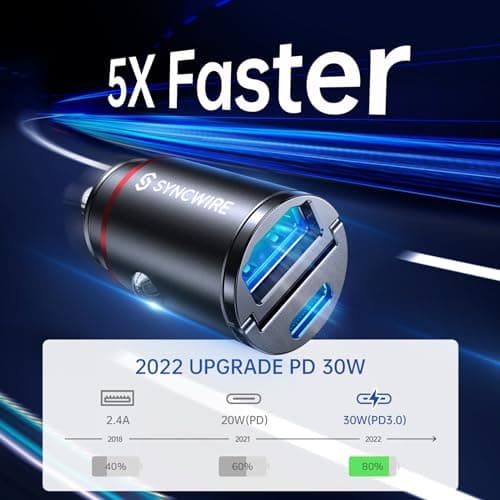 Syncwire Car Charger USB C & USB Socket 12V [PD30W & QC3.0 30W] All Metal USB Car Cigarette Lighter Fast for iPhone 16 Pro Max 15 14 13 12, Samsung — view 3