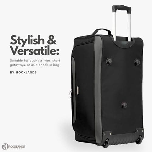 Rocklands® Lightweight Wheeled Holdall Medium Duffle Trolley Suitcase Thick Heavy-Duty Cross Nylon EVA-Backed Front, Hard Base Travel Bag (Medium - 28" (H72xW37xD36 cm), Black) — view 6