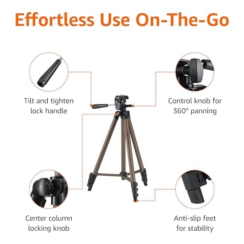 Amazon Basics 127cm/50inch Camera Tripod, Lightweight, with Bag, Adjustable Height, for DSLR Cameras, Champagne — view 3