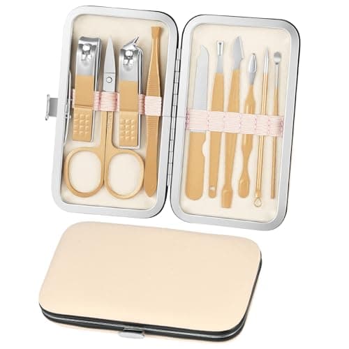 ALIIP Professional Manicure Set,10-Piece Stainless Steel Nail Clipper Kit with Leather Case, Portable Travel Nail Care Set for Women & Men, Press-Lock Design for Home & Gifting,Rose Gold