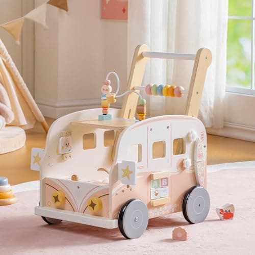 ROBOTIME Wooden Baby Walker, Baby Push Along Toy with Wheels, Multifunctional Activity Walker with Height Adjustment & Speed Control, Gift for Toddler Age 10-36 Months (Pink Mermaid)