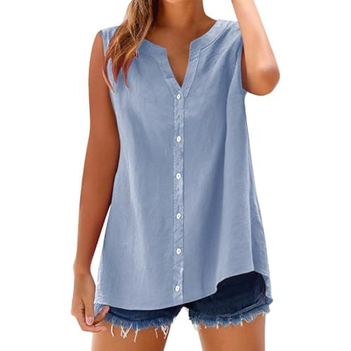 Womens Cotton Linen Casual Tank Tops Oversize Sleeveless V Neck Solid Color Button Down Shirts Ladies Summer 2025 Vacation Travel Trendy Blouses Plus Size Light Blue