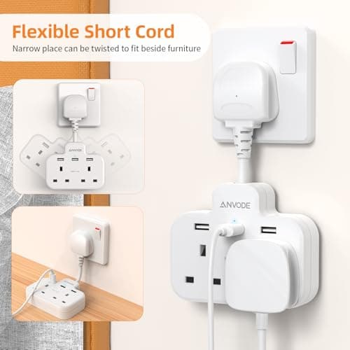 Double Plug Adaptor with USB, 2 Way Wall Adapter with Short Extension Lead, Multi Plug Socket Extender For Home Office (White) — view 5
