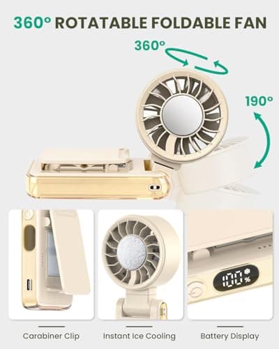Joneytech Turbo Portable Fan with Ice Cooler, Mini handheld fan with Battery，4-in-1 Foldable Neck Fan with Clip and LED Display, 12 Hours Cooling Fan for Summer Travel Holiday essentials（Cream） — view 5
