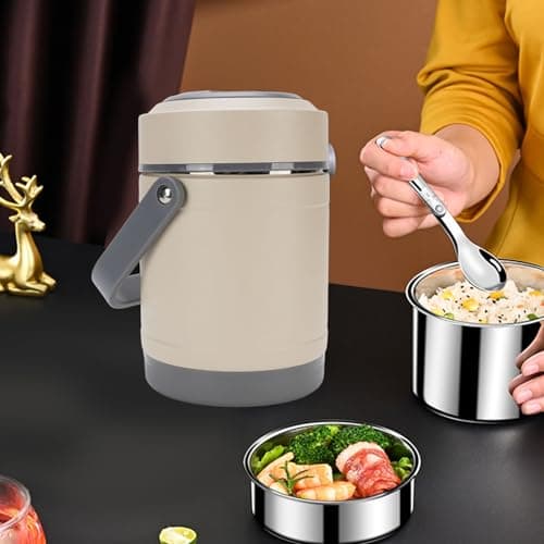 GOWENIC Mini Stainless Steel Thermal Cooker | 2L Portable Insulated Lifting Pot for Travel Camping Office (Beige) — view 3