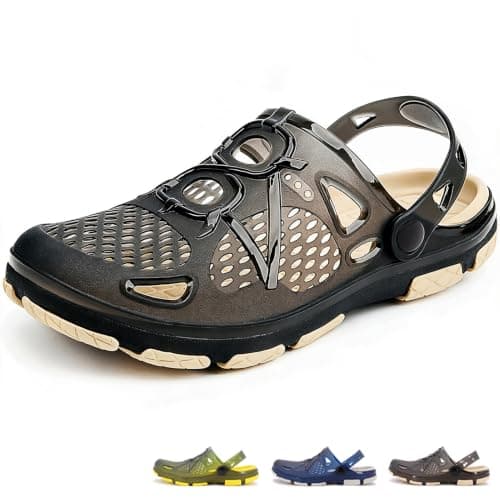 beister Mens Clogs Non Slip Water Shoes with Adjustable Strap, Lightweight Slip on Mules Garden Kitchen Outdoor Beach Yard Pool Shower Summer Sandals Slippers Black Beige