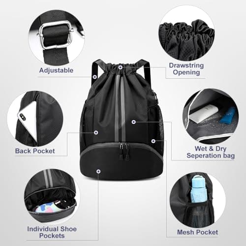 GAOHUI Drawstring Bags, Waterproof Backpack Swimming Bag for Kids, Gym Bags with Shoe Compartment, PE Sports Bag for Sports School Beach Holidays Swimming Travel (Black) — view 5