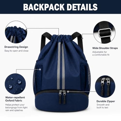 Sioloc Blue Waterproof Drawstring Backpack for Gym & Swim – Lightweight Sports Bag with Shoe Compartment, Large Capacity, Wet/Dry Pockets (Men & Women) — view 6