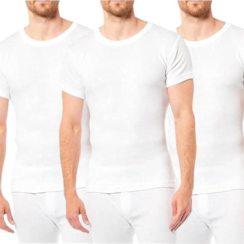 Crazy Fashion Pack of 3 Thermal Tops Men’s - Short Sleeve Plain Round Neck Mens Top Warm T-Shirt Underwear Baselayer Cotton Thermals (3 Pack - White, Medium)