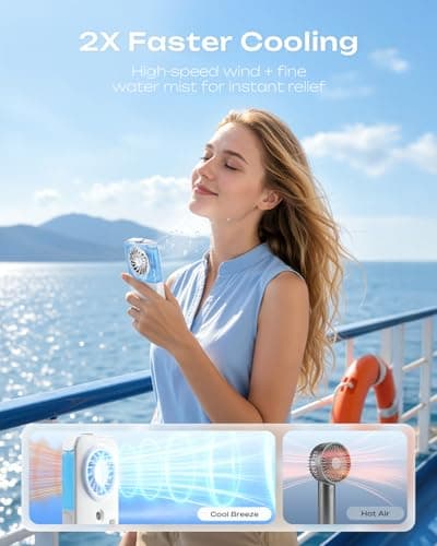 Otlonpe Mini Handheld Portable Mist Fan, Small Rechargeable Handheld Fan with Water Mist Spray, 4 Speeds, LED Display, Foldable Stand, Mini Personal Misting Cooling Fans for Travel (White) — view 4