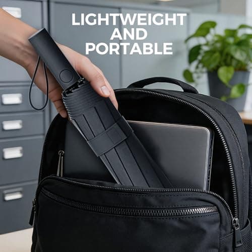 Compact Windproof Travel Umbrella, 12-Rib 3+2 Fiberglass Reinforced Frame, Auto Open & Close, Lightweight Portable Folding Umbrella, Waterproof Durable Umbrella for Daily Commute Outdoor Rain，Black — view 6