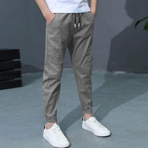 Kids Joggers Drawstring Cotton Linen Fall Cargo Trousers High Waisted Slim Fit Jogging Bottoms Travel Leisure Parachute Trousers Cuffed Ankles Trekking Sports Games Dark Gray 5 Years — view 3