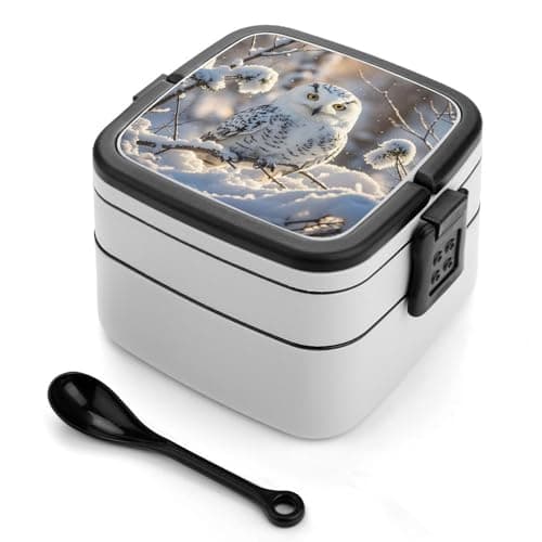 GHBNK Winter White Owl Bento Box with Spoon & Handle - Leak Proof Stackable Lunch Container for Men, Women |1000ml Detachable Compartments for Adults, Office, Travel, Safe And Bpa-Free