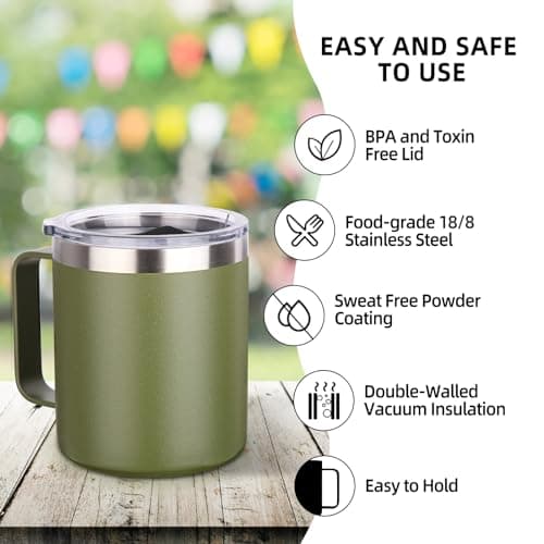 Volhoply 14oz Insulated Stainless Steel Coffee Mug with Leakproof Lid,Double Wall Vacuum Travel Coffee Cup with Handle,Reusable Metal Tumbler,Camping Mugs Keep Hot,Christmas Gifts(Army Green,1) — view 4