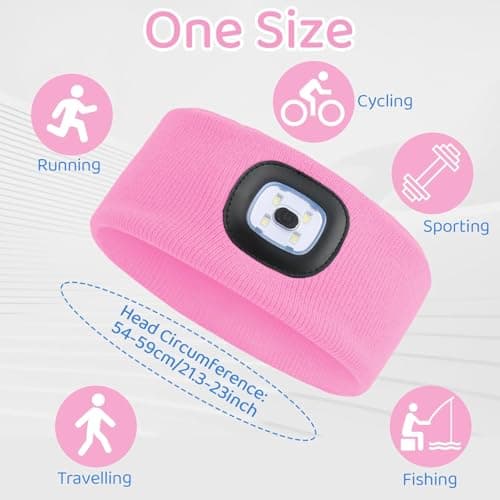 LED Lighted Headband, USB Rechargeable Night Running Headlamp Running Lights for Runners with 4 LED, Head Torch Stretchy and Waterproof, Hands Free Flashlight for Runners Dog Walking Hiking (Pink) — view 2