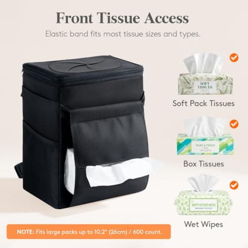 Lifewit Car Bin with Lid, Hanging Trash Bag with Tissue Holder, Black — view 4