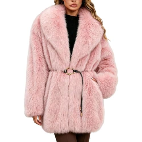 Pink Womens Faux Fur Coat Lapel Belted Warm Winter Jacket with Pockets XL