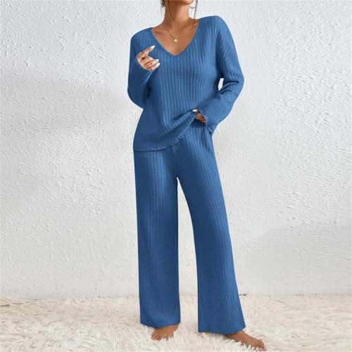 Ladies Loungewear Sets UK Womens Tracksuits Travel Sets for Women Clothes Co Ord Womens Two Piece Outfits Leisure Suits Airport Outfit Knitted Long Sleeve Blouse and Pant Set — view 2