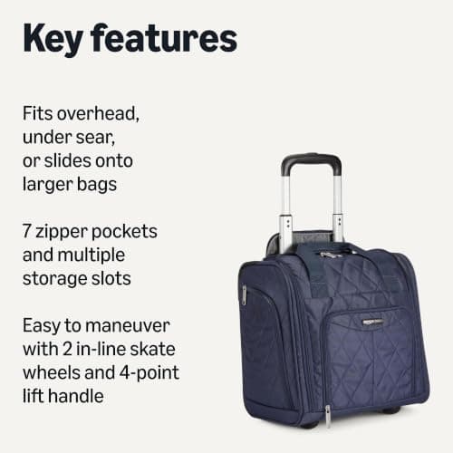 Amazon Basics Underseat Travel Luggage/Suitcase with Telescopic Handle and 2 in-line Skate Wheels - 35.5 cm, Navy Blue Quilted — view 2