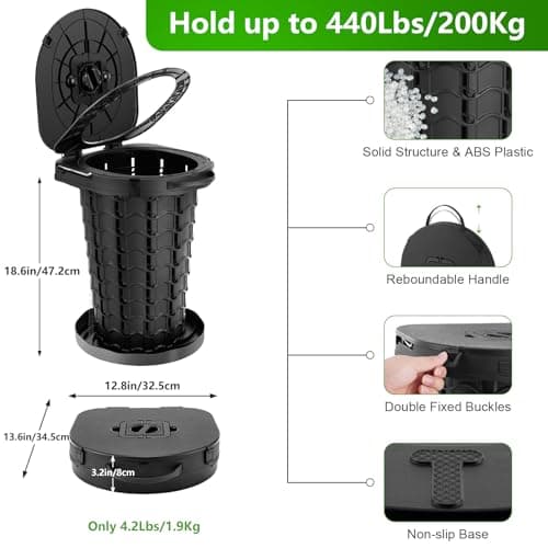 Large Portable Toilets for Adults, 18.6" H, Load 440Lb, Black — view 3