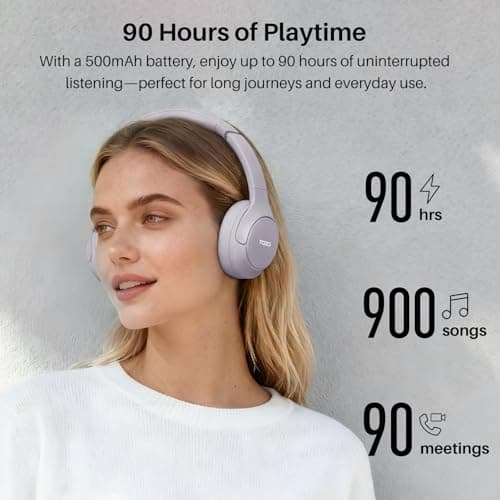 TOZO HT3 Bluetooth Headphones, Active Noise Cancelling with 5-Mic AI Chat, Wireless Over Ear Bluetooth, Hi-Res Audio, 90H Playtime, Transparency Mode, Dual Bluetooth Connection, 32 EQ Modes(Purple) — view 5