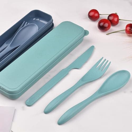 2 Sets Reusable Cutlery Set with Case, Travel Fork Knife Spoon Set, Portable Plastic Cutlery Set for Picnic School Office Lunch (Green,Blue) — view 2