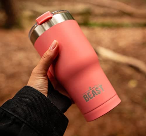 Beast Tumbler - 900 ml (30 oz), Coral Pink | Reusable Stainless Steel, Vacuum Insulated Cup | with + 2 Straws & Cleaning Brush | Double Wall Travel Flask Perfect for Hot or Iced Coffee | BPA Free — view 5