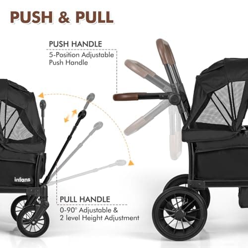 INFANS Wagon Stroller for 2 Kids, Collapsible Adjustable Push Pull Handle Bar, 2 Seater Stroller Wagon with Removable Canopy Snack Tray, Comfortable Drop-Down footwell and Upholstered Seats (Black) — view 3
