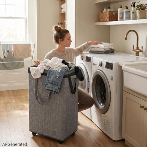 DOKEHOM 90L X-Large Rolling Laundry Basket Hamper on Wheels, Grey — view 6
