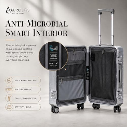 Aerolite Premium 55x40x20 No-Zip Cabin Suitcase with USB Charger Port & Front Laptop Pocket, Aluminium Frame Polycarbonate Hard Shell Carry On Luggage with TSA Lock, Fits Most Major Airlines Silver — view 6