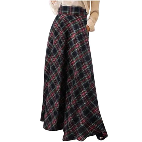 Womens Plaid Elastic High Waist Maxi Skirt Vintage Wool Skirt Tartan Midi Swing Pleated Flared A Line with Pockets Retro Elegant High Rise Flowy Skirts Dress Pull