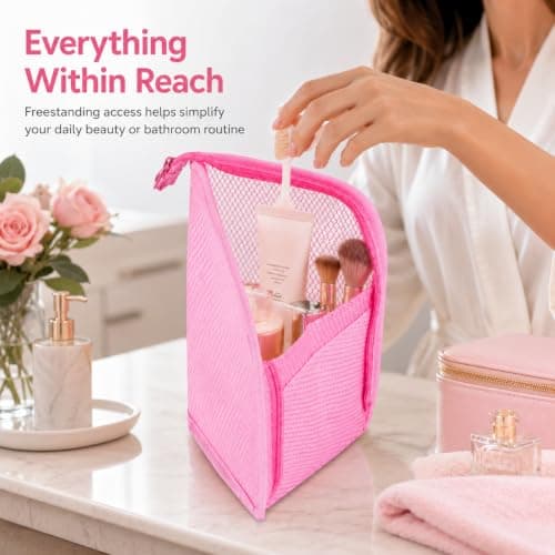 Water Resistant Standing Travel Toiletry Bag - Portable Makeup Organiser with Toothbrush Holder, Inner Compartments & Elastic Straps, Lightweight Foldable Wash Bag (Pink) — view 3