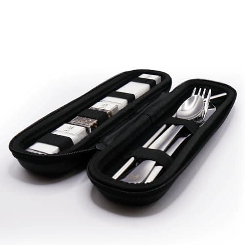 The Nomads Kitchen Portable Cutlery Set with Case | Reusable Stainless Steel Knife, Fork, Spoon & Straw + Salt, Pepper & Sugar | Camping Cutlery Set for Travel, Work, Hiking & Outdoor Eating