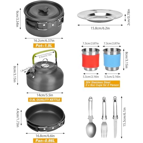 DUOJIN Camping Cooking Set Portable Camping Cookware Kit Aluminum Outdoor Camping Pans Pots and Stove Cooking Gear for Outdoor Hiking BBQ Picnic Campfire Backpacking Travel 1-2 People — view 2