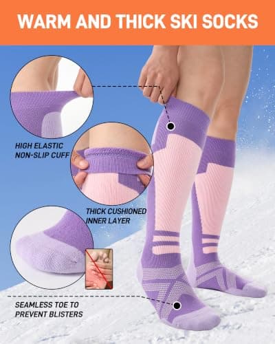 Niorasen Merino Wool Ski Socks Women, 2 Pairs Thermal Knee-High Socks for Winter, Full Cushion Thick Socks, Skiing, Snowboarding, Outdoor Sports, Hunting, Hiking, Pink/Purple 2 Pairs, UK 3-8 — view 3