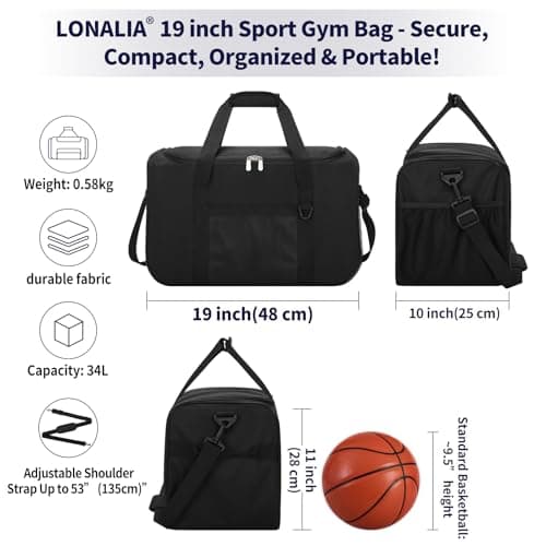 LONALIA 34L Gym Duffle Bag, 19 inch, Black — view 2