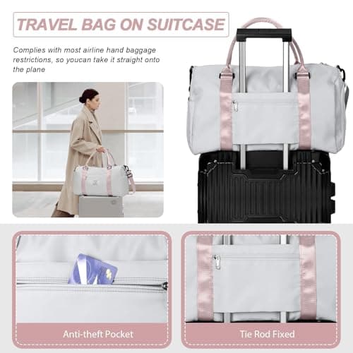 HYC00 Gym Bags Women Men Sports Duffle Bag with Shoes Compartment & Wet Pocket,Travel Duffel Bags for Women Large Weekend Overnight Holdall for Hospital Swimming Carry on Hand Luggage Bags,Gray Pink — view 5