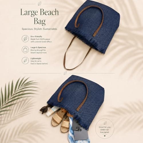 Woodland Leathers Womens Beach Bag, Large Paper Straw Beach Bag, Woven Summer Tote Shoulder Shopper Handbag with PU Leather Straps Lightweight Open Top Holiday Bag (Navy, Large) — view 5