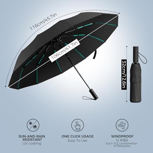 NAYEZH Umbrella Windproof Travel Umbrella for Rain, Auto Open Close, 12 Ribs 3+2 Fiberglass Frame, Durable Compact Portable Umbrella for Daily Use (Black) — view 2