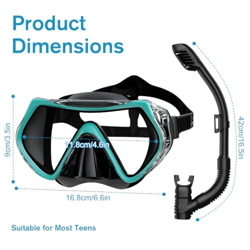BuyCard Snorkel Mask,180 Degree Panoramic View Dry Top Snorkeling Gear，Safe Anti-Leak Anti-Fog Diving Mask, Snorkel Set and Swimming Goggles (Peacock Green) — view 2