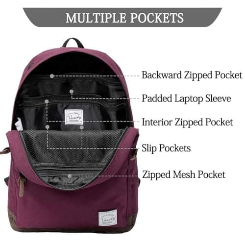 VASCHY School Bag, Water Resistant Backpack for Men, Women, Boys and Girls Lightweight Rucksack for School, Travel, Work Fits 15.6" Laptop, Burgundy — view 5