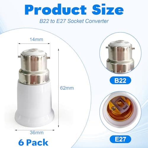 6 Pack B22 to E27 Light Bulb Adapter, Bayonet Cap BC to Edison Screw ES Socket Converter, Universal Lamp Holder for LED Bulbs, Ceiling Fans, Floor Lamps & Hanging Light Fittings, 6PCS — view 2