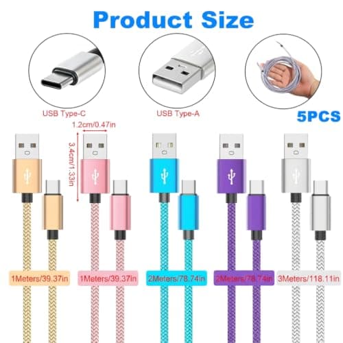 5Pcs USB C Charger Cable 1/1/2/2/3meters USB A to USB C Fast Charger Cable — view 2