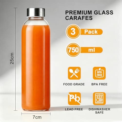 Bayseun Glass Water Bottle 750ML - 3 Pack Empty Glass Bottles with Lids - Leak Proof, Airtight, Wide Mouth, Stainless Steel Lids, Reusable Drinking Bottles for Juice, Milk, Water, Smoothies & Storage — view 2