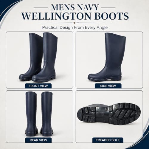 A2Z Mens Navy Tall Wellington Rain Boots Outdoor Rubber Treaded Sole — view 5